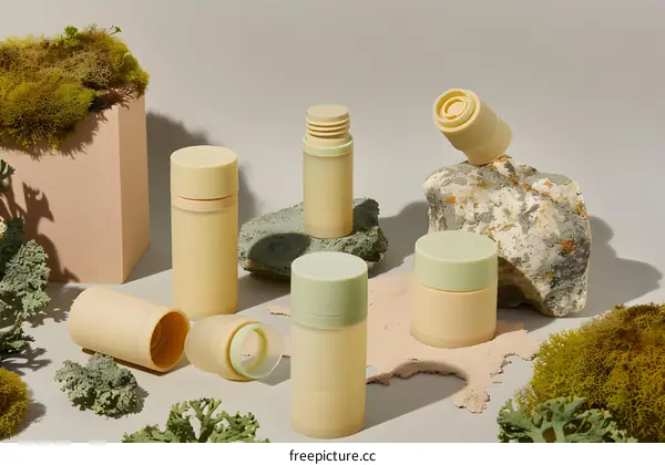 Natural Skincare Products on a Stone and Moss Background