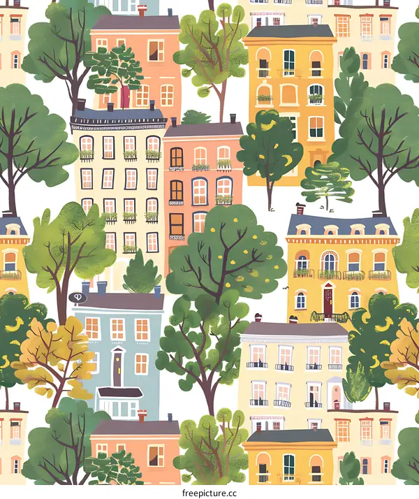 Colorful Houses with Green Trees Seamless Pattern