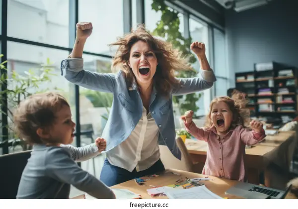 A mother is celebrating with her two children