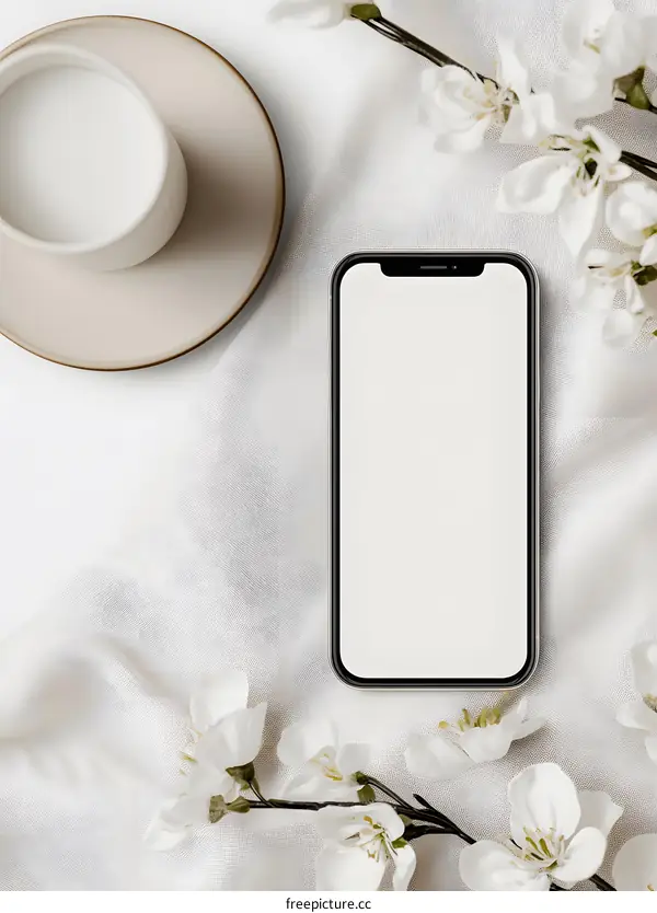 White Flowers and Coffee Cup with Blank Smartphone Screen Mockup