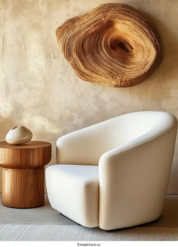 Modern Wooden Sculpture and Armchair