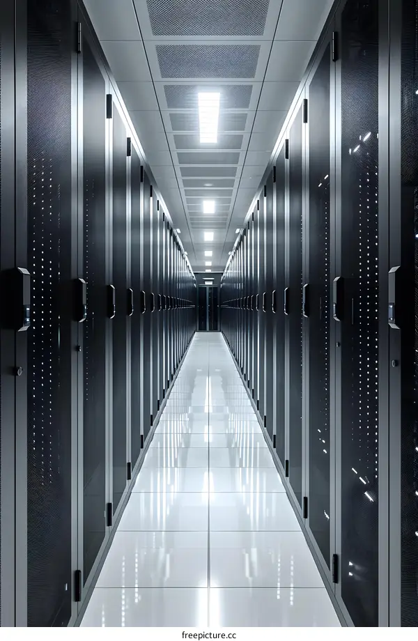 A long corridor of black server cabinets with a bright light at the end