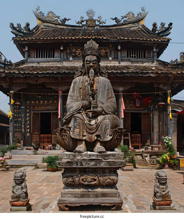 Ancient Wooden Statue in a Temple Courtyard