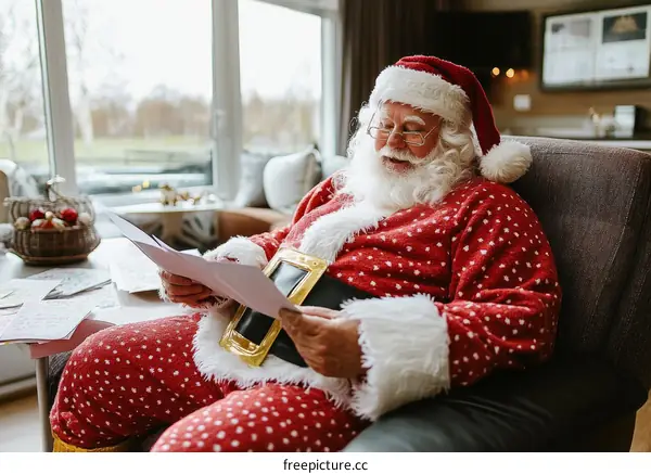 Santa Claus Reading Letters at Home