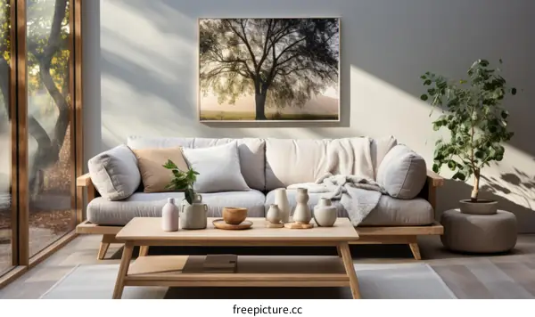 Wooden Coffee Table Decorated with Vase of Flowers in Living Room with Tree Artwork