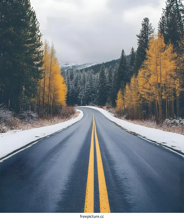 Empty Road Through Snowy Mountain Forest