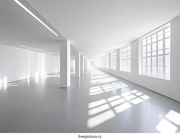 Empty White Corridor with Sunlight and Windows
