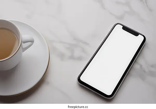 White Coffee Cup and Smartphone on Marble Surface