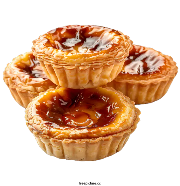 [Transparent Background PNG]Four delicious portuguese custard tarts isolated on white