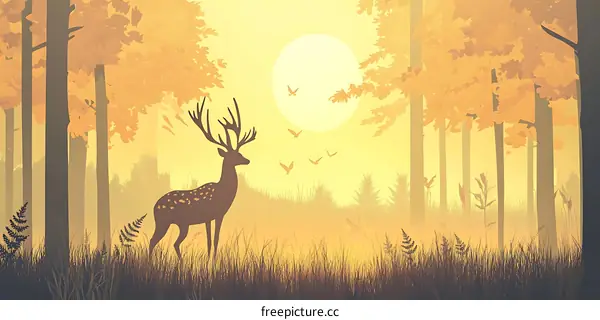 Forest Silhouette with Deer and Sunset