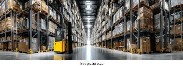 Large Warehouse with Forklift and Stacked Boxes