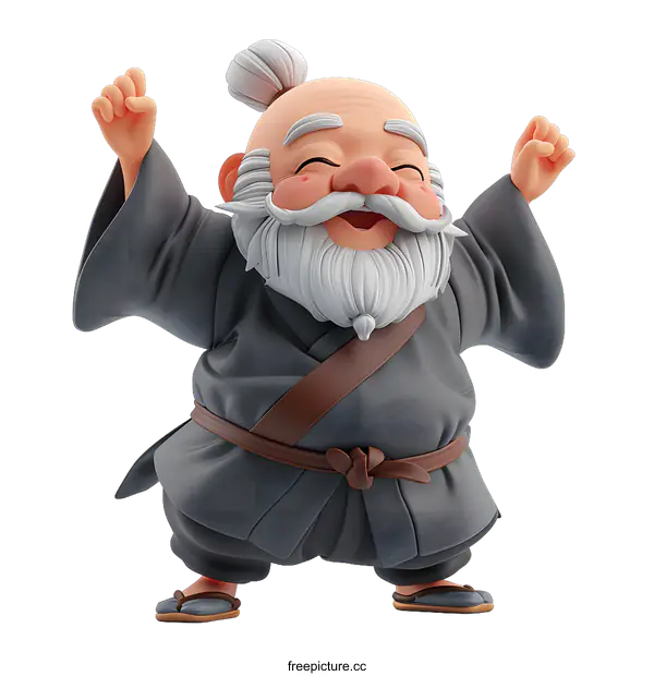 [Transparent Background PNG]A 3D rendering of a happy old man with a long white beard and wearing a grey kimono