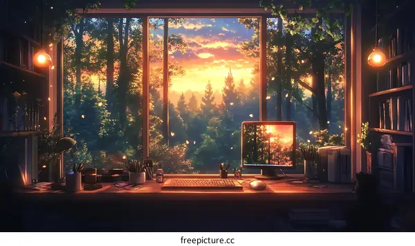 Cozy Study Room with Forest View at Sunset