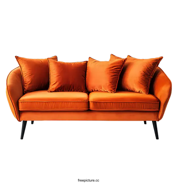 [Transparent Background PNG]Orange Velvet Sofa with Black Legs