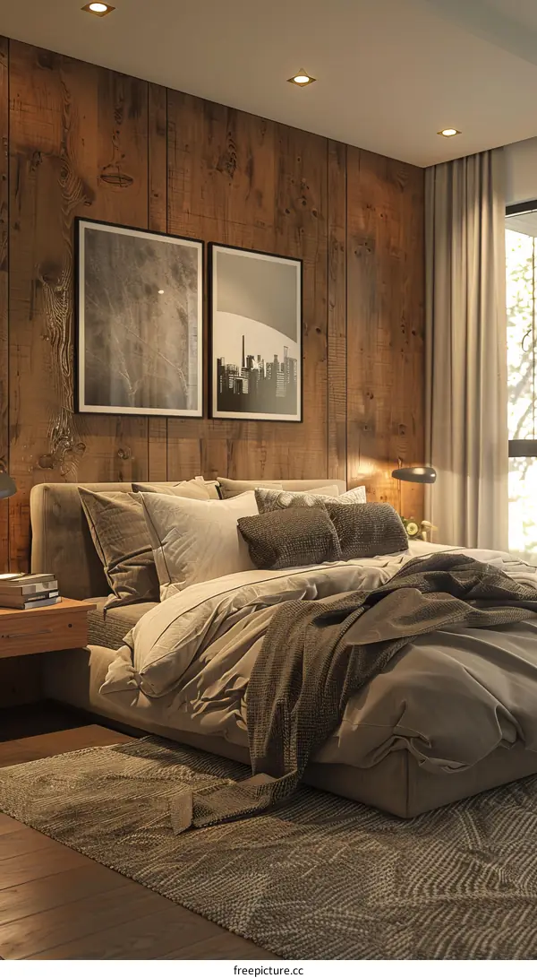 Modern cozy bedroom interior design with wood wall panelling