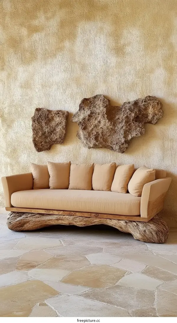 Modern Minimalist Wooden Sofa with Stone Accents