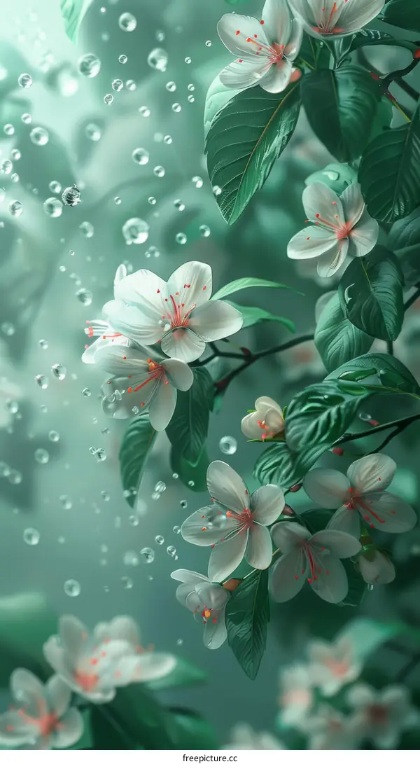 White flowers with green leaves and raindrops on a green background