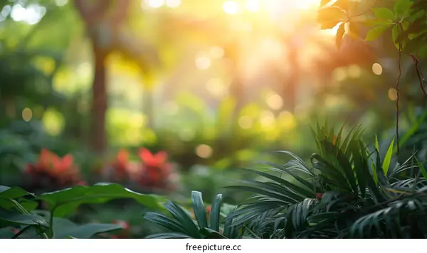 Sunlight shining through the green leaves of a lush tropical rainforest