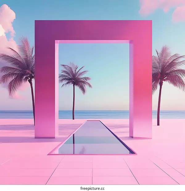 Pink Minimalist Pool With Palm Trees and Square Frame