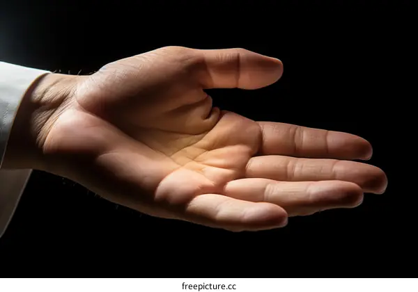 An open hand reaching out from the darkness