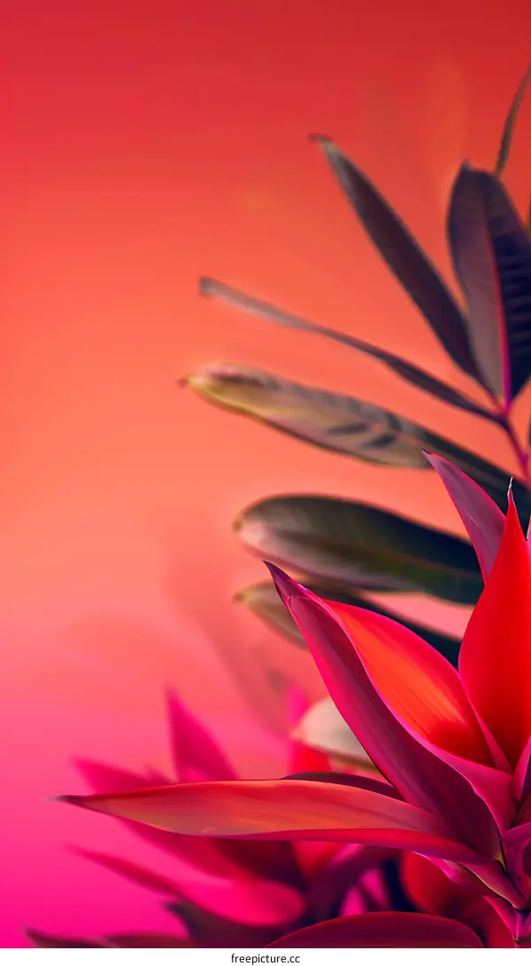 Pink and Green Leaves on a Red Background