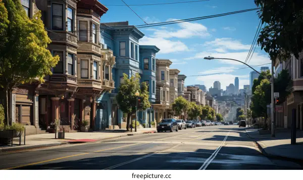 A wide shot of a street with colorful Victorian style houses and cars parked on either side of the road