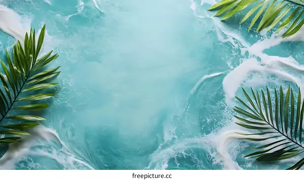 Tropical Palm Leaves on Turquoise Background With White Foam