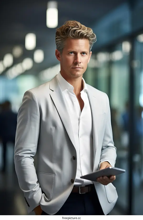 Confident businessman in a suit holding a tablet