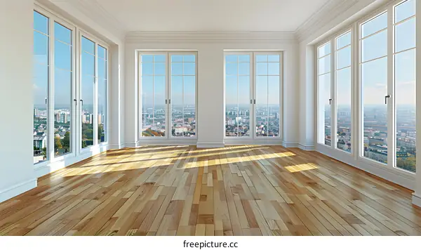 Empty Room with Large Windows and Cityscape View