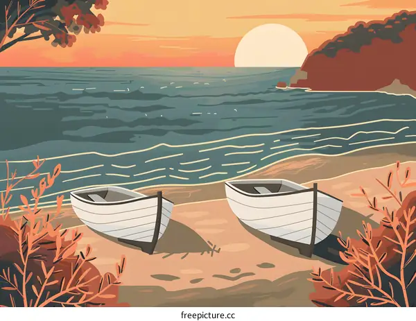 Sunset Seascape with Two Boats on Beach