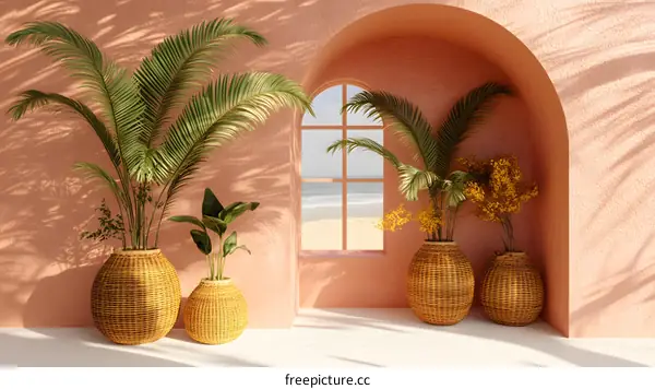 Tropical Plant Pots and Arch Window Beach View Interior Design