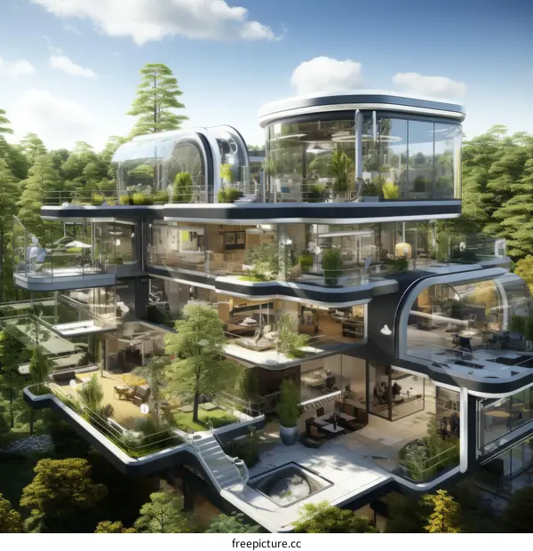 futuristic glass house surrounded by trees