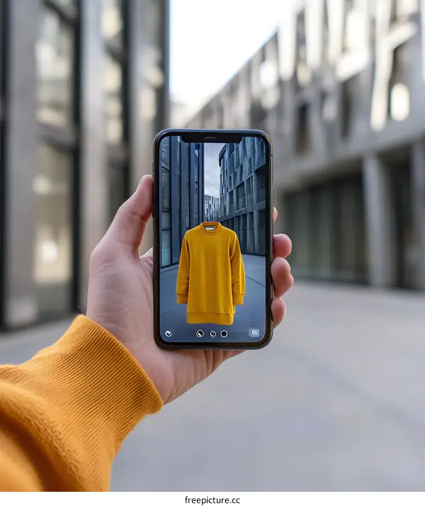 Hand Holding Smartphone With Virtual Reality App Showing Yellow Sweater