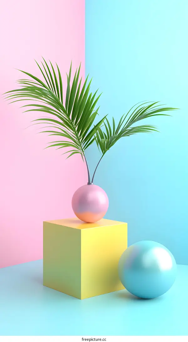 Minimalist 3D Render With Green Leaves and Pink and Blue Spheres