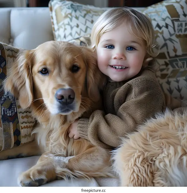 Portrait of a happy toddler hugging a golden retriever
