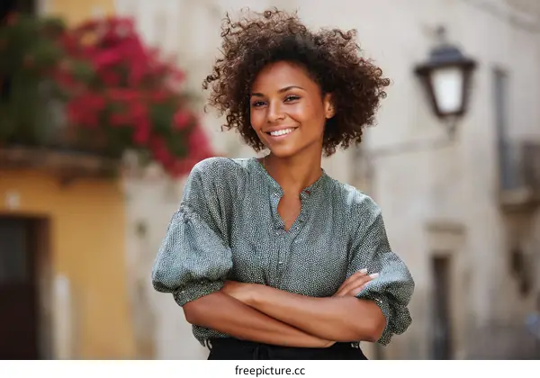 Smiling Woman in a City Street Scene