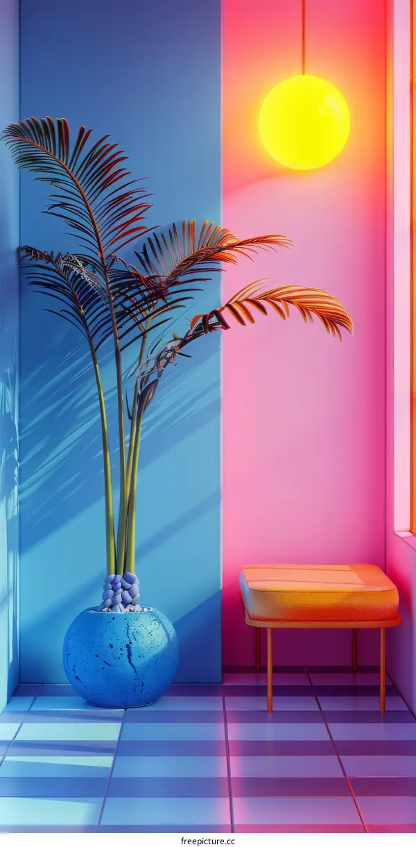 Blue and pink room with a potted palm tree