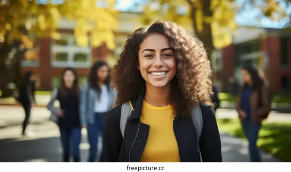 Smiling young woman with curly hair standing outside