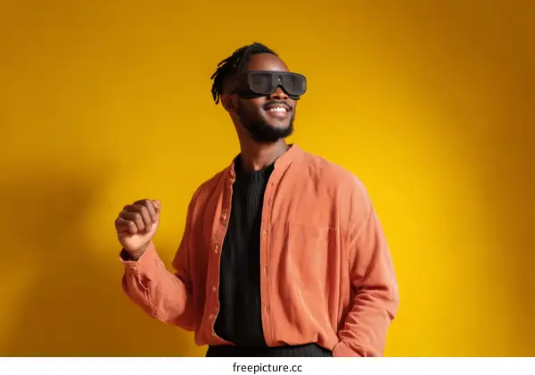 Happy Man Wearing VR Glasses in Fashionable Outfit