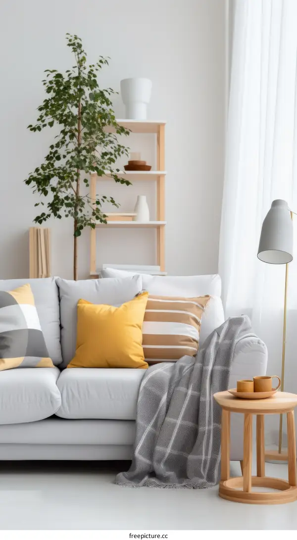 Bright Scandinavian Living Room with Ficus Tree