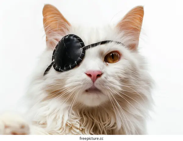 Portrait of a white cat wearing an eye patch