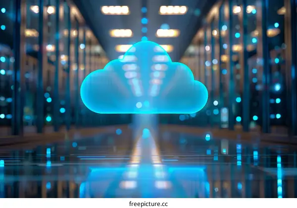 Blue glowing cloud in a futuristic data center