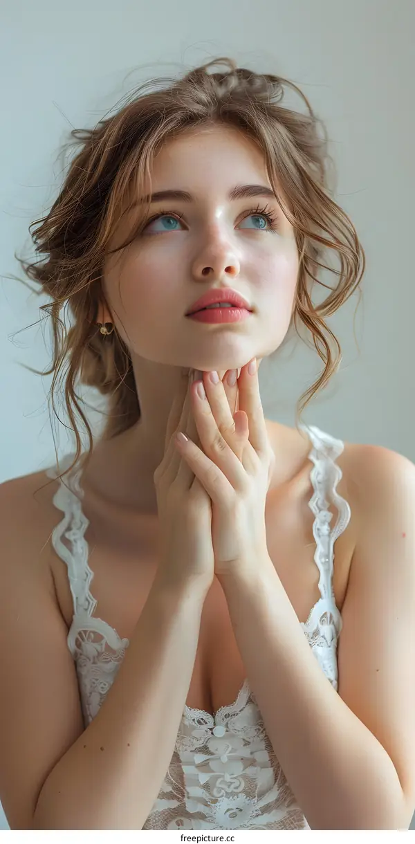 Woman in White Lace Top Looking Up