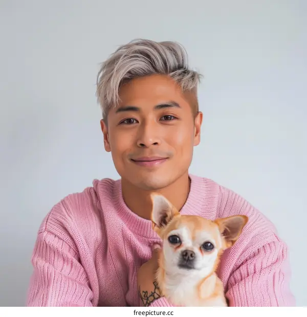 Portrait of a young Asian man with a small dog