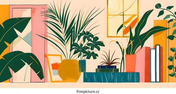 Modern Minimalist Botanical Illustration with Plants and Books