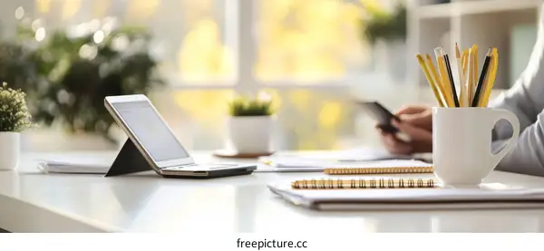 Modern Workspace with Digital Devices and Stationery