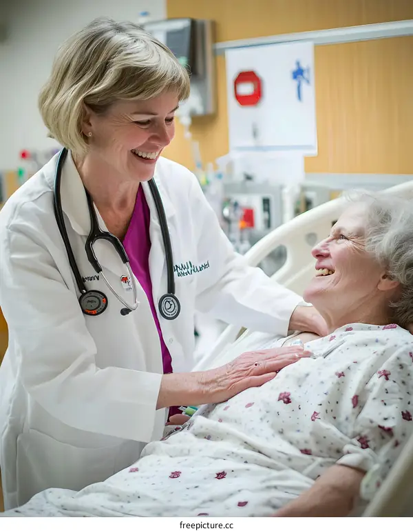 Smiling Doctor Examining Patient in Hospital Bed