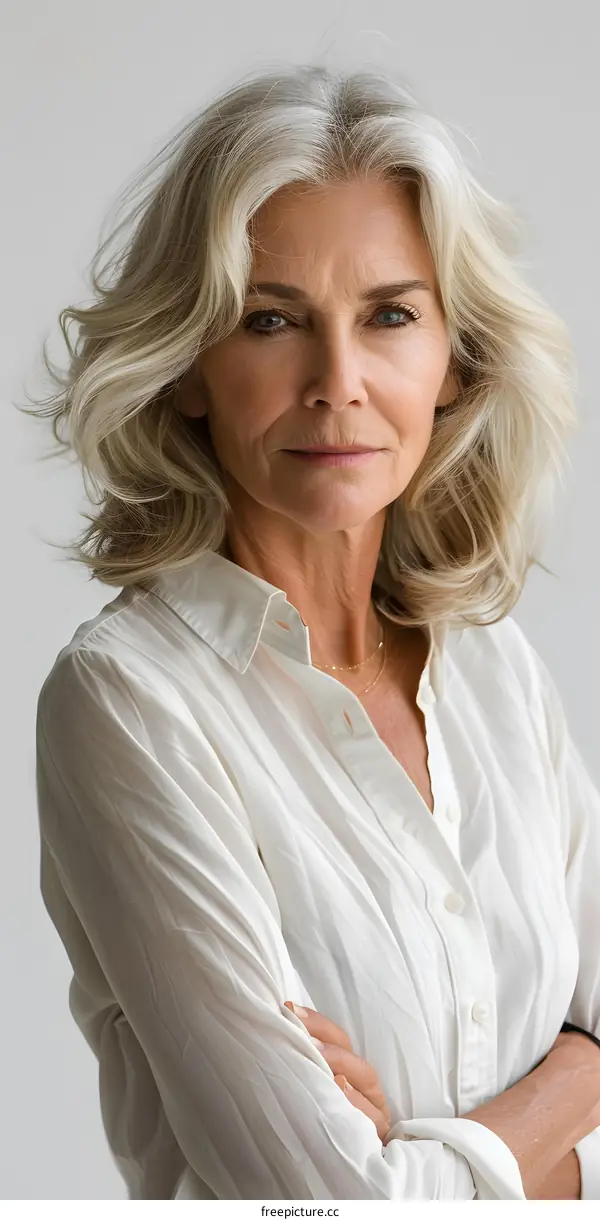 Portrait of a Woman with Blonde Hair and White Shirt