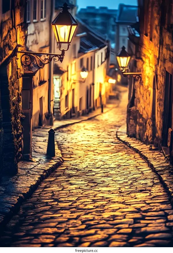 Cobblestone Street In European City With Streetlights At Night