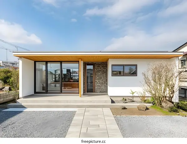Modern Japanese House Exterior With Wooden Eaves And Gravel Garden